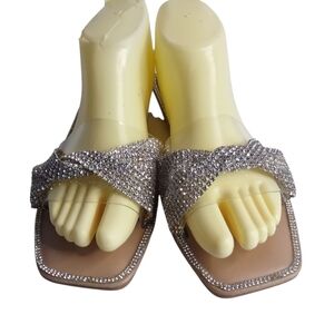 Qupid Women's Flat Slide Sandals Open Toe Rhinestone Embellished Silver Sz 9 New